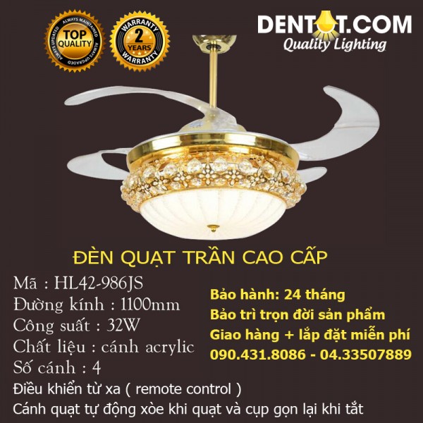 Đèn quạt trần cánh ngắn trong suốt cao cấp DTHL42-986JS